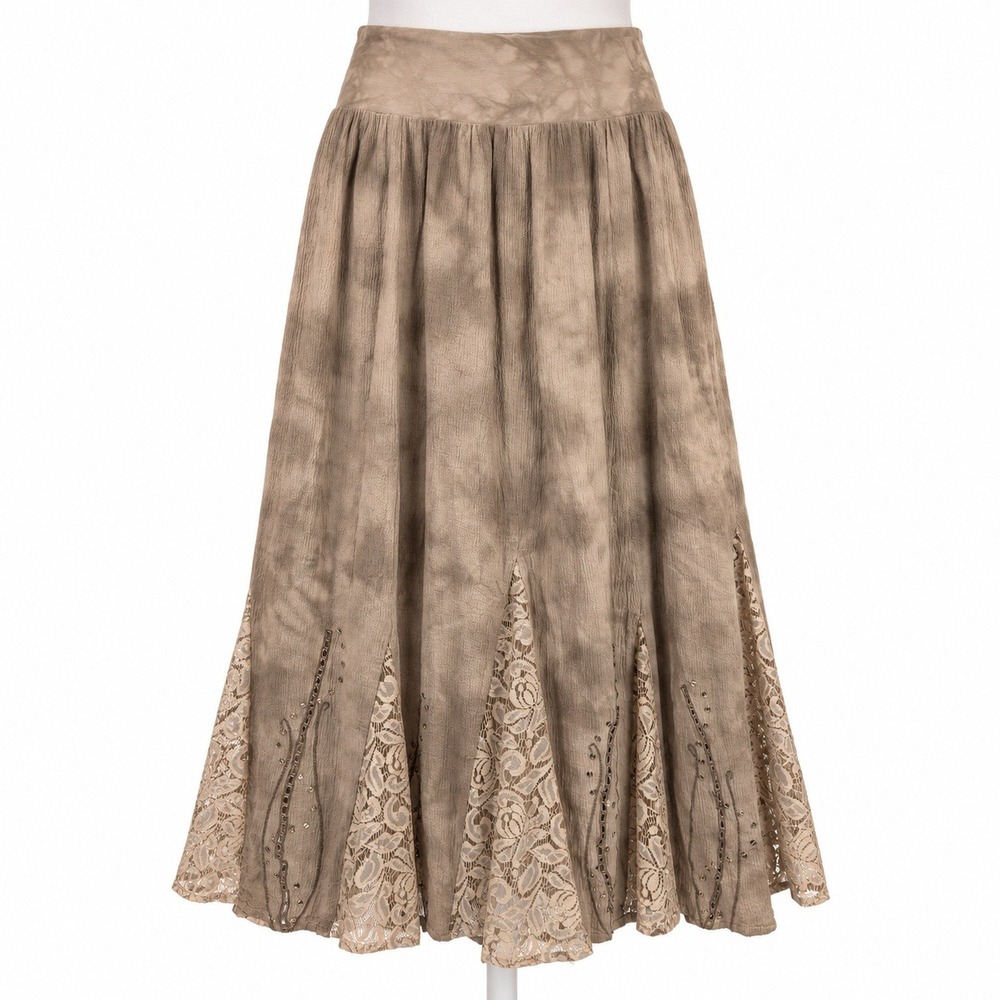 Vintage Y2K Tie Dye Lace Flare Maxi Skirt Size L Brown Fairy Grunge Boho Indie